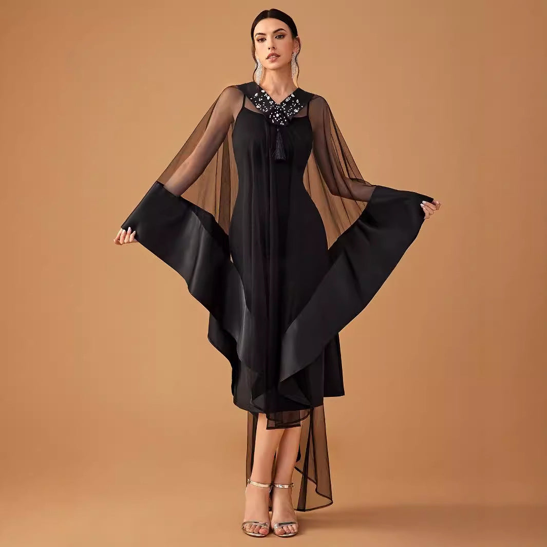 Robe de soirée cocktail pour femme Mid East Wind Strass Col en V Manches longues Robe cape deux pièces