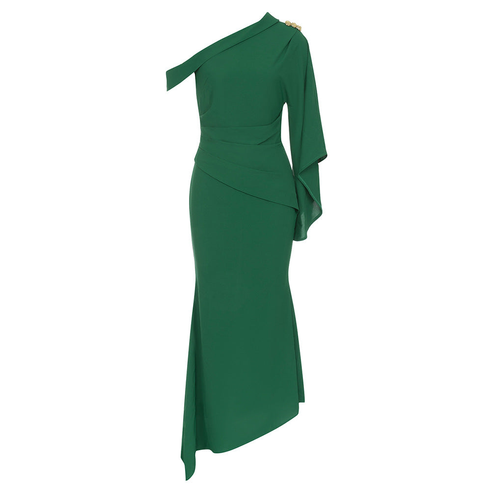 Robe d'été simple à une épaule, épaules inclinées, ruban, longue, coupe ajustée, pour femmes