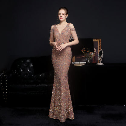 Robe de mariée à paillettes colorées pour dîner d'appréciation longue, coupe ajustée, queue de poisson