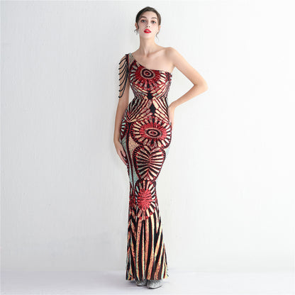 Sequin Craft Beaded Party Dress Long Cocktail Slim Fit Evening Dress Elegant One Shoulder