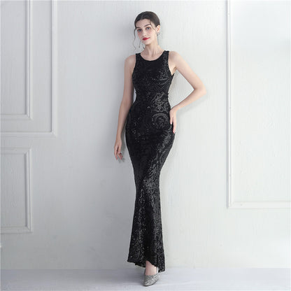 Bare Back Beaded Craft Sequined Embroidery Stage Concert Car Model Cocktail Wedding Ceremony Long Evening Dress