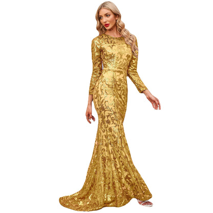 Spring Autumn Sequined Dress Purple Crew-Neck Long Evening Dress Long Sleeve Dress