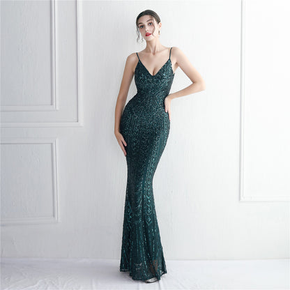 Positioning Floral Sling Party Sequined Dress Long Cocktail Slim Fit Evening Dress Fishtail Dress