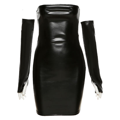 Autumn Winter Women Clothing Design off Neck Sexy Sheath Night Club Opera Glove Faux Leather Dress for Women