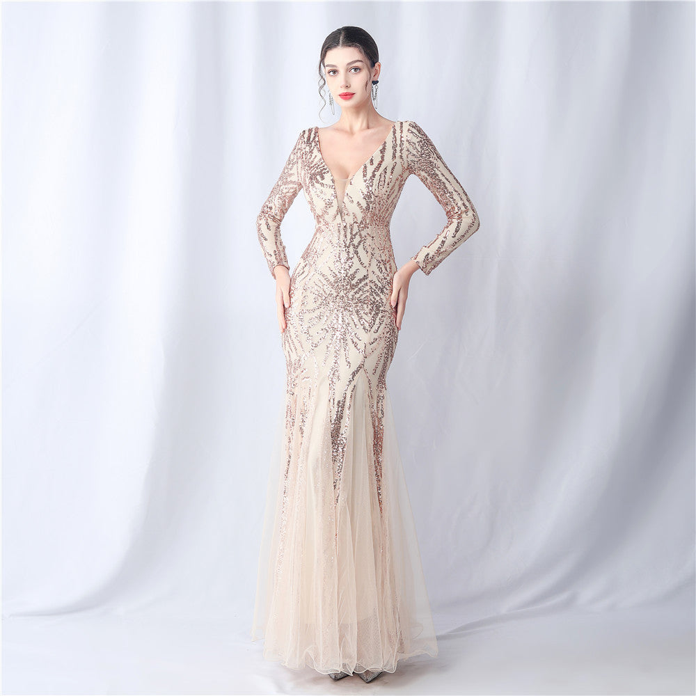 Mesh Sequin Wedding Dinner Annual Meeting Host Long Sleeve Evening Dress