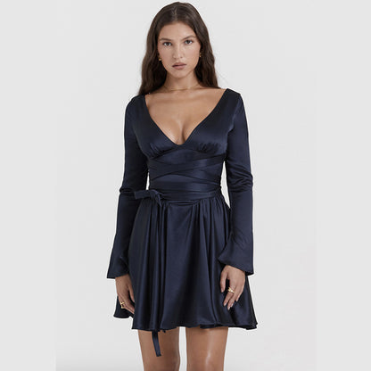 Automne hiver femmes vêtements col en V Sexy dos nu à lacets taille serrée robe élégante pour les femmes