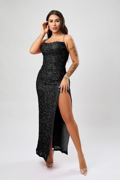 Sequin Formal Dress Autumn Winter Women Sexy Sleeveless Split Dress