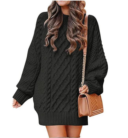 Round Neck Long Sleeve Twisted Knitted Thick Needle Pullover Mid Length Sweater Women Dress