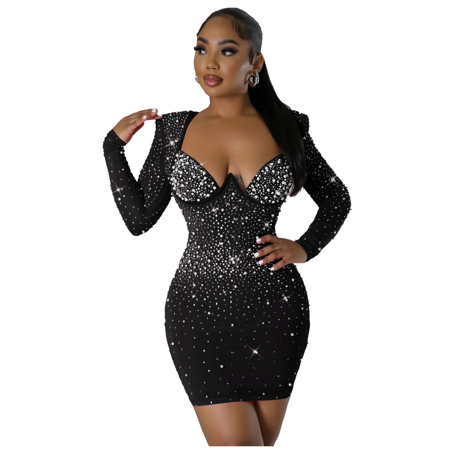 Sexy Slim Fit Rhinestone Slim Fit Elastic Hip Long Sleeve Dress