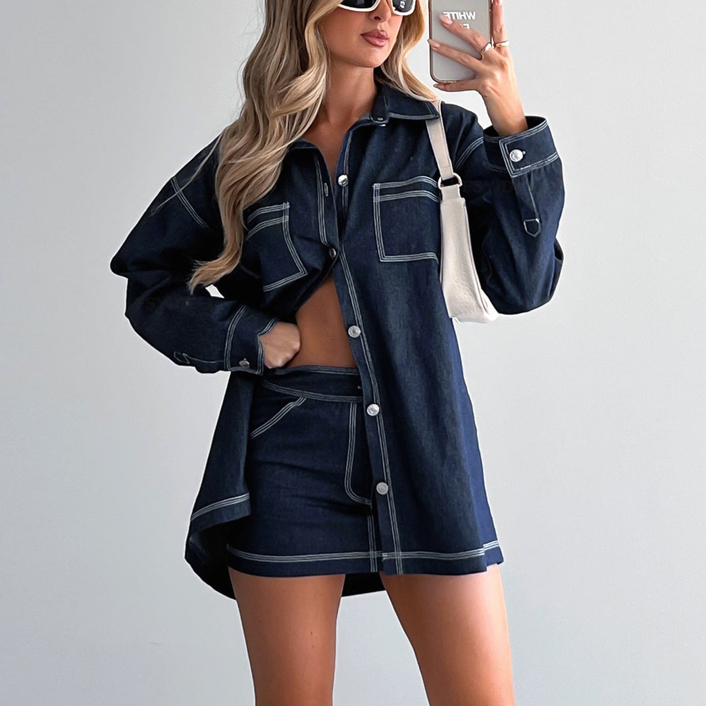 Summer Retro Set Denim Shacket Women's Half-Length Denim Short Skirt Casual Two Piece Suit