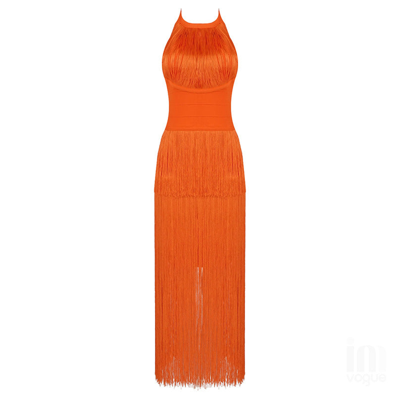 Women Clothing Summer Halter Bandage Dress Sexy Tassel Sleeveless Backless Elegant Slim Dress