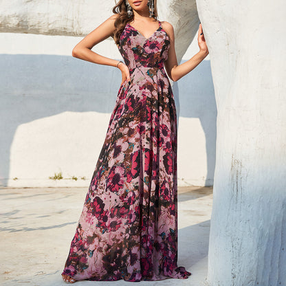 Spaghetti Strap Floral Print Long Holiday Dress