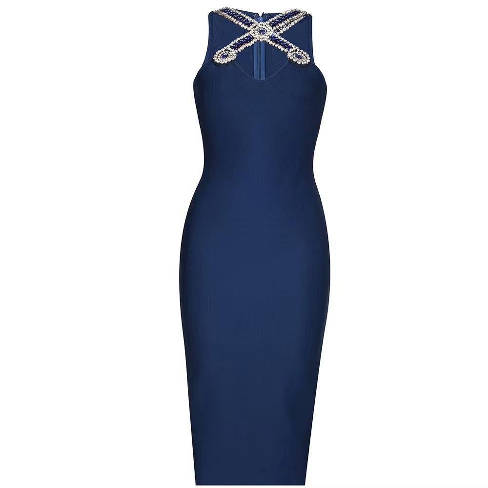 Robe longue bandage bleu royal d'été à col en V avec motif croix en diamant