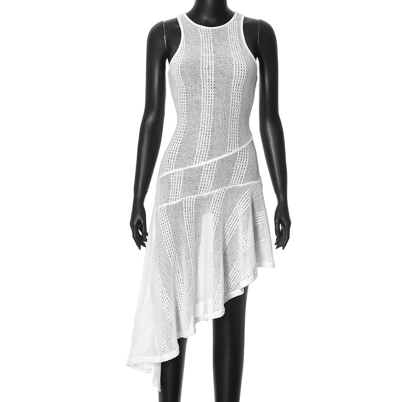 Robe courte transparente pour femmes, Sexy, Design asymétrique irrégulier, col rond, sans manches, été