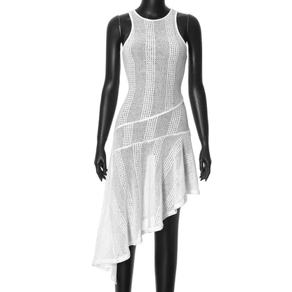 Vestido corto transparente sin mangas con cuello redondo y diseño asimétrico Irregular puro sexi para mujer de verano