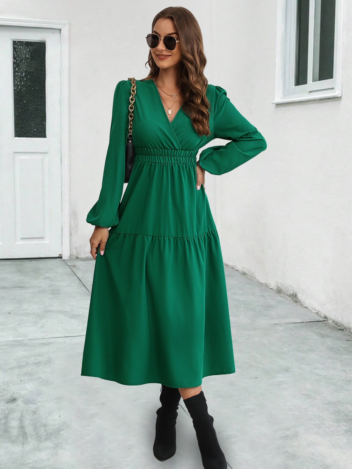 Women Clothing Site V neck Long Sleeve Dress