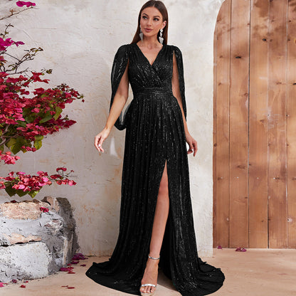 Robe populaire à paillettes, col en V, robe de soirée, robe longue fendue, robe de cocktail haut de gamme