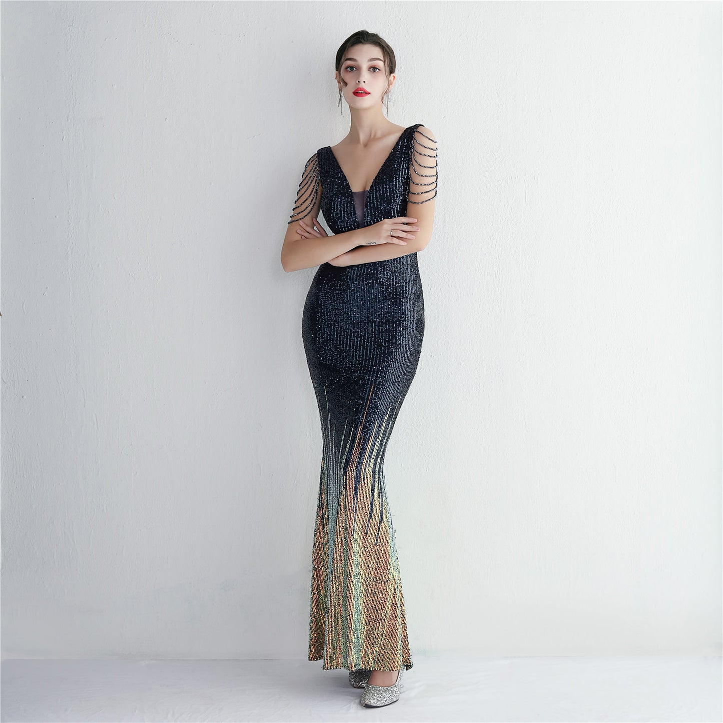 Vertical Stripes Gradient Sequin Party Dress Long Cocktail Slim Fit Evening Dress Elegant Cool Clothing