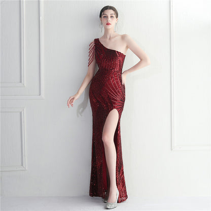 Floral Oblique Shoulder Collar Split Dinner Celebration Host Sexy Sequined Long Evening Dress