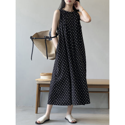 Polka Dot Sleeveless Dress Summer Korean round Neck A line Graceful Shift Dress