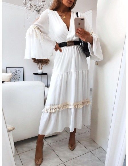 Women Clothing Autumn Casual Long Sleeve White V neck Dress Midi Dress without Belt