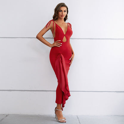 Summer Elegant Sexy Ruffles Pleated Red Dress Bandage One Piece Dress