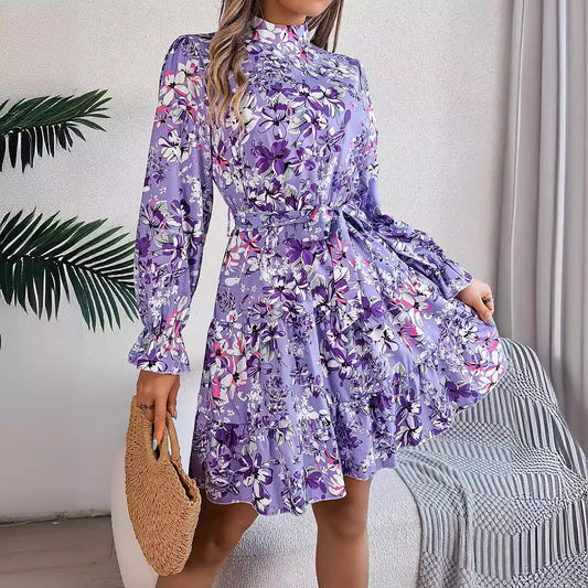 Real Shot – robe trapèze élégante à col montant, motif Floral, taille contrôlée, manches longues, à volants, vêtements pour femmes, automne hiver