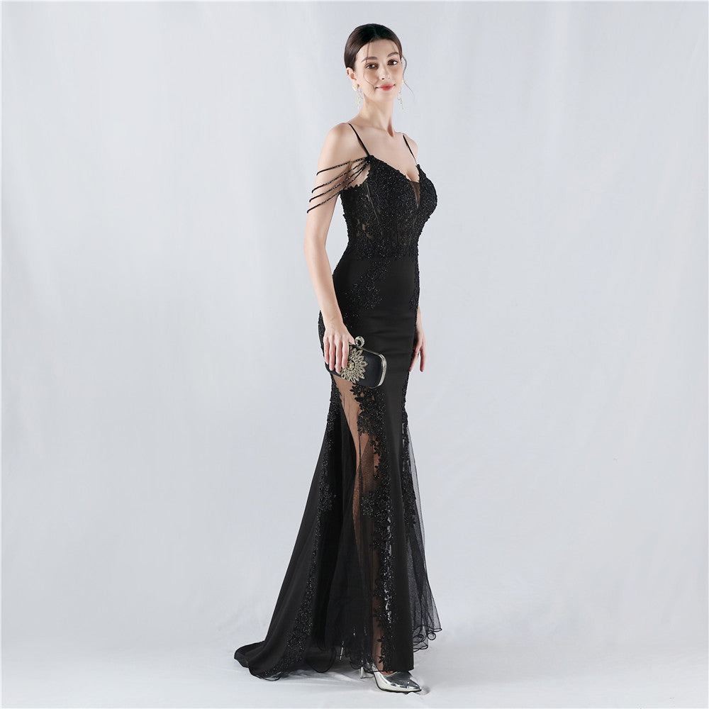 Heavy Embroidery Drilling Boning Corset Vest Lace Beaded High Fork Evening Dress