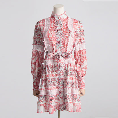 Robe courte à lacets et col montant français pour printemps et été, taille contrôlée, amincissante, manches lanternes, coutures