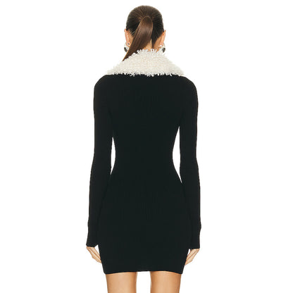 Autumn Winter Black Fur Collar Zipper Bandage High Elastic Dress Sexy Women Wear Stand Collar Design