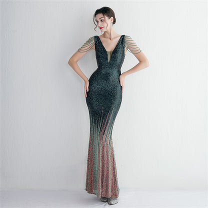 Vertical Stripes Gradient Sequin Party Dress Long Cocktail Slim Fit Evening Dress Elegant Cool Clothing