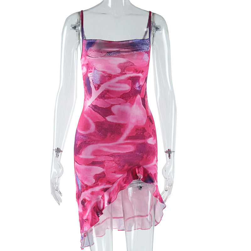 Sexy Sling Dress Digital Printing Sleeveless Pullover Mid Waist Backless Tight Asymmetric Dress