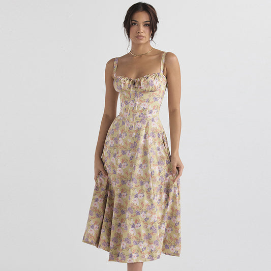 Robe à bretelles florales fendue à taille haute pour femme Robe de vacances pour femme mondaine