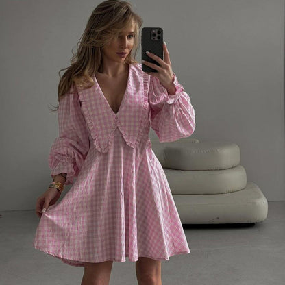 Women Clothing Office Design A line Dress Pink Plaid Butterfly Collar Long Sleeve Dress