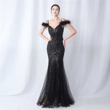 Ostrich Feather Craft Mesh Positioning Floral Sequin Annual Meeting Wedding Evening Dress