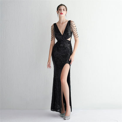 Robe de soirée à paillettes pour femmes, coupe ajustée, longue, cocktail, coupe ajustée, élégante, queue de poisson, cool et magnifique