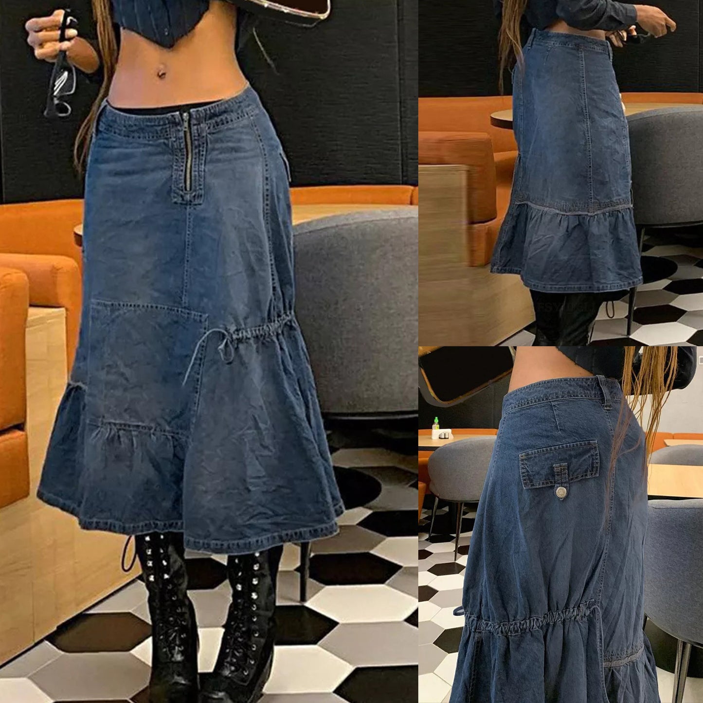 Ropa de mujer Falda vaquera Otoño Denim Retro Irregular Asimétrico Cordón Denim Faldas largas