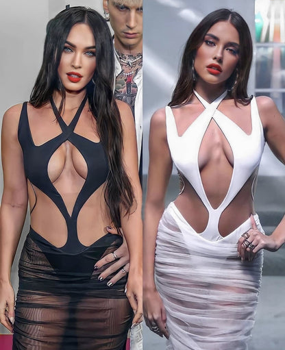 Vestido largo ajustado semitransparente con aberturas y malla sexy para mujer, vestido de pasarela de verano con vendaje