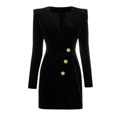 Velvet Fabric V Neck Slim Three Button Long Sleeve Dress Coat