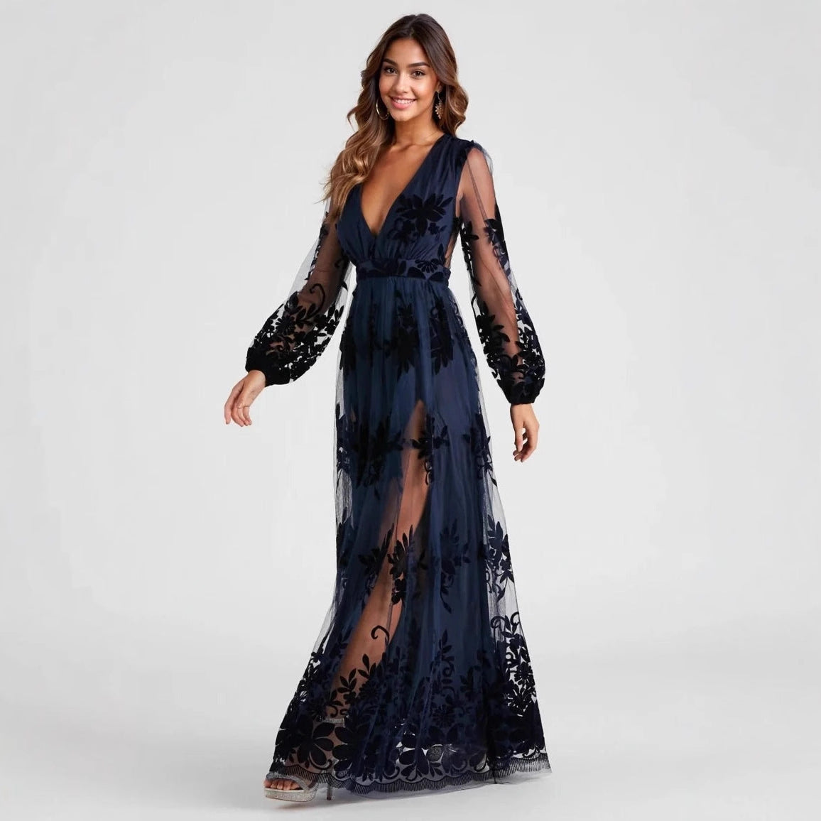 Maxi Dress Sexy High Split Ladies Long Sleeves Evening Dress