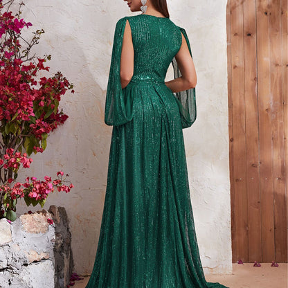 Robe de soirée à paillettes, col en V, manches châle, robe de cocktail haut de gamme, robe longue fendue