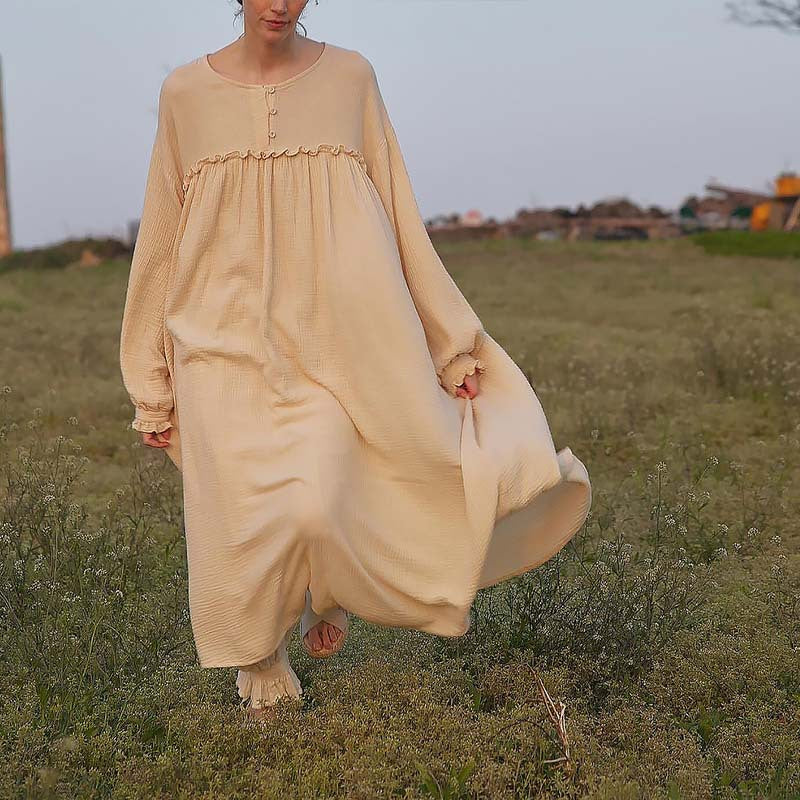 Double Layer Gauze Dress Korean Women Dressing Gown Loose Casual Wooden Ear Stitching Niche Nightdress