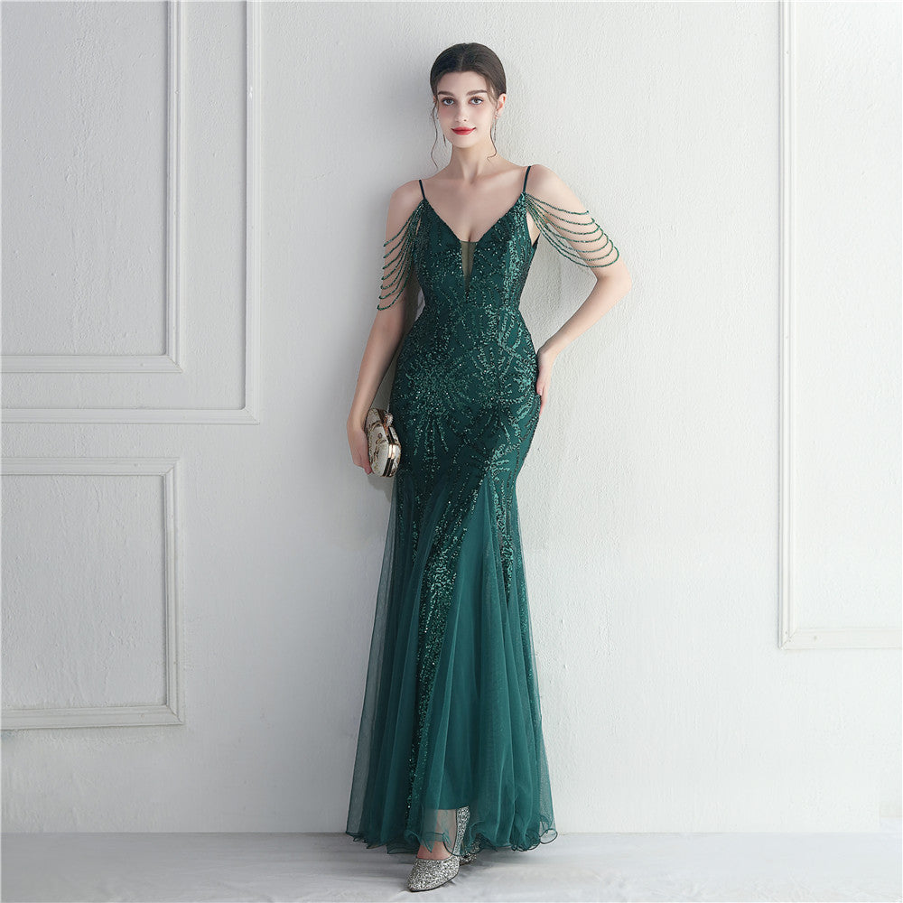 Robe de soirée longue à bretelles perlée pour mariage