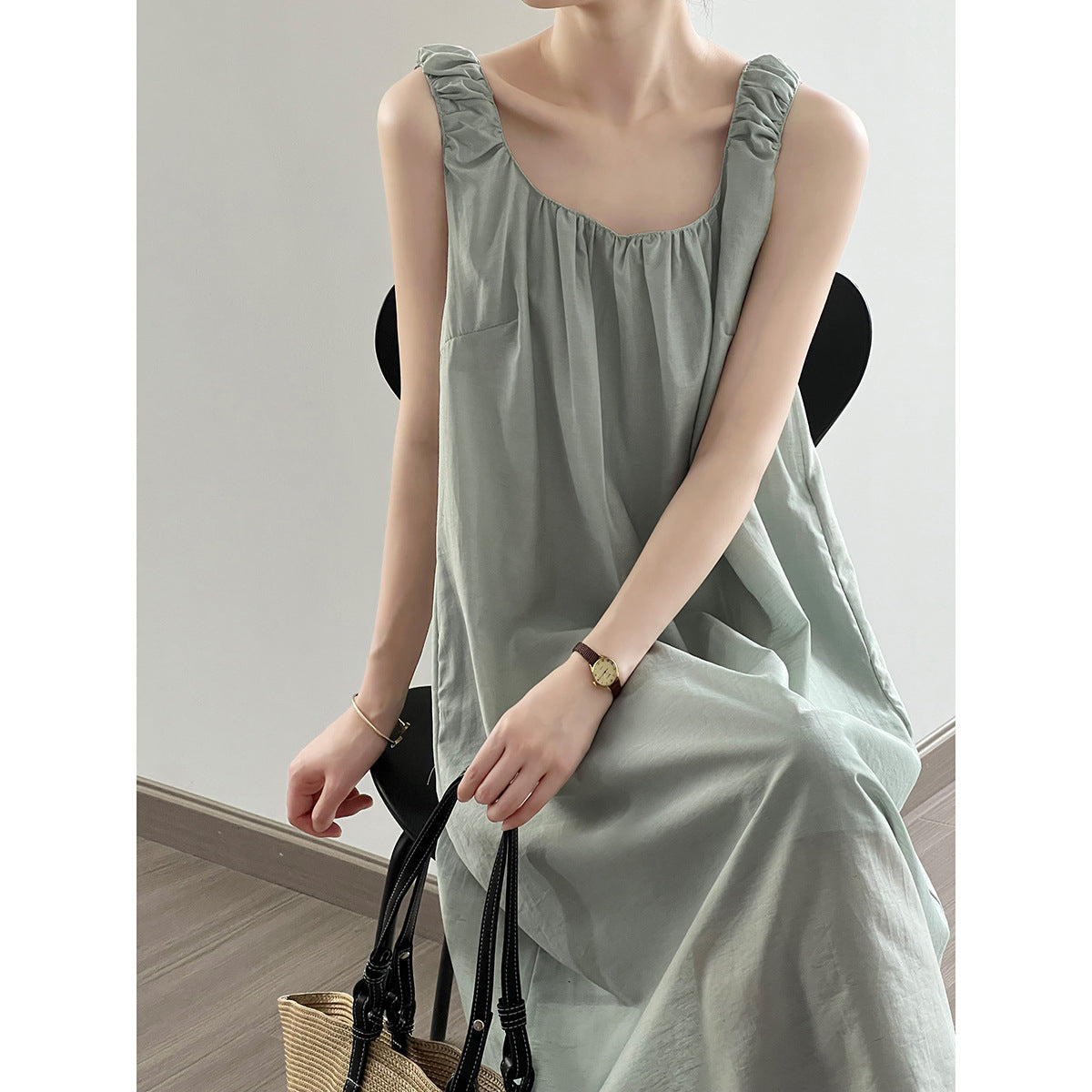 Design Sleeveless Dress Summer Lace up U Neck Backless Mid Length Vest Dress