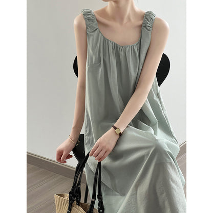 Design Sleeveless Dress Summer Lace up U Neck Backless Mid Length Vest Dress