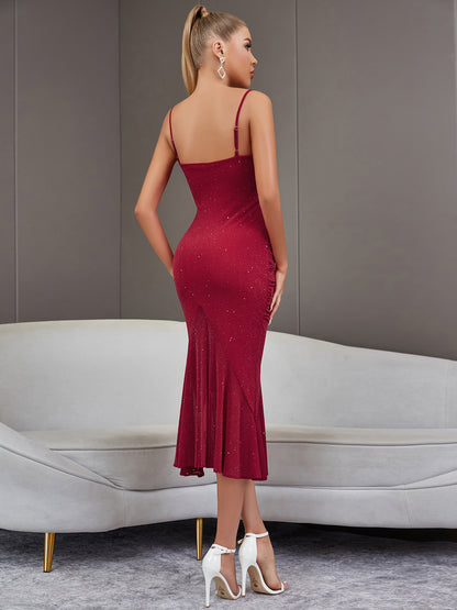 Summer Mermaid Dress Sexy Thin Straps Wine Red Socialite Nightclub Pendant V-neck Dress