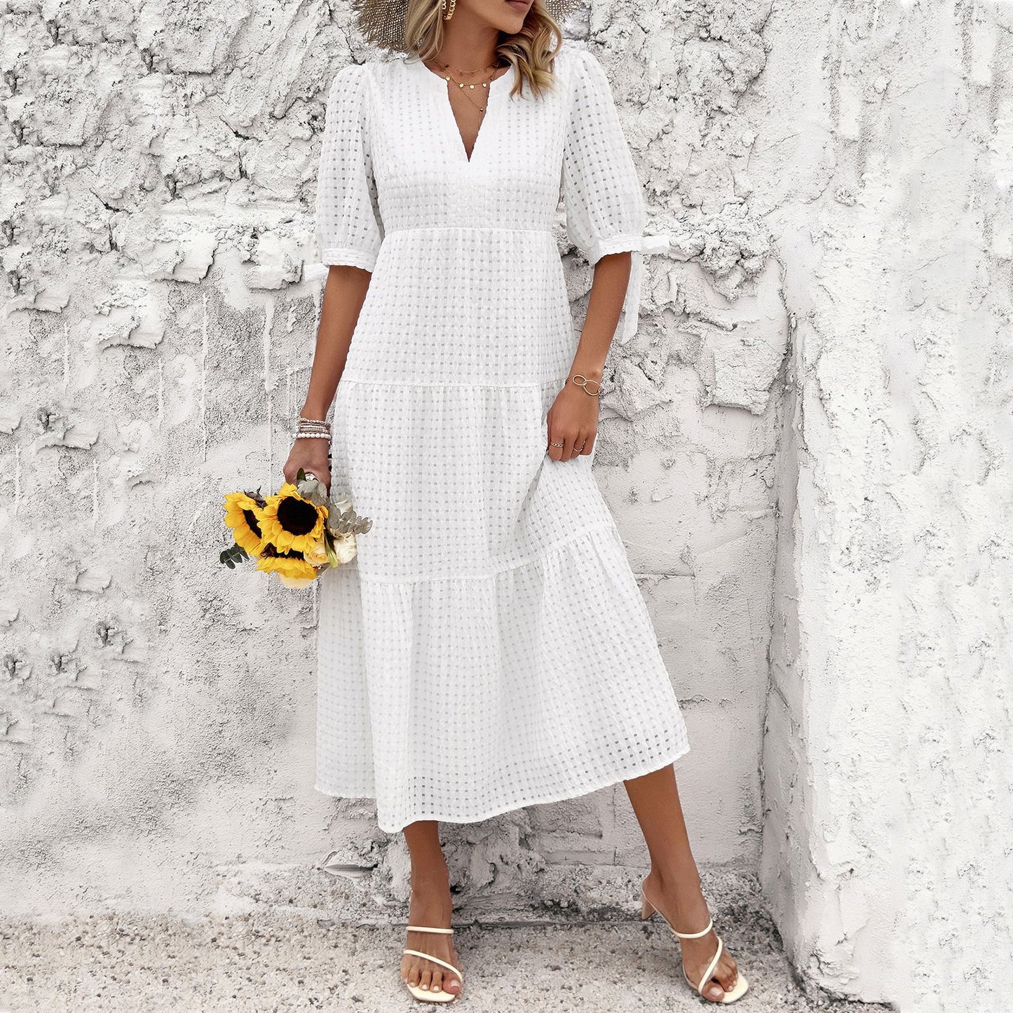 Robe à carreaux élégante à manches courtes pour femmes, col en V, printemps été