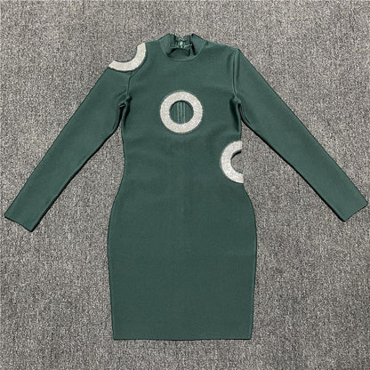 Robe bandage à col rond avec clous en diamant, ajourée, découpée, sexy, élastique, moulante, manches longues, courte, pour femmes