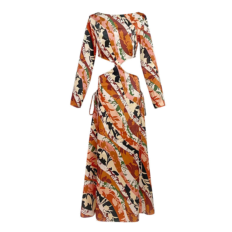 Robe longue de vacances automne col rond imprimé couleur contrastée évider découpe taille robe dénudée femmes