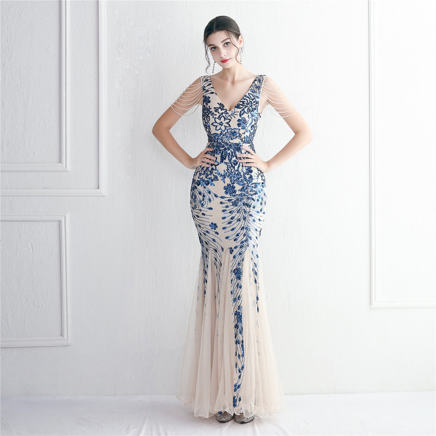 Sequin Mesh Craft Beaded Elegant Annual Meeting Long Fishtail Sequ Sexy Dress